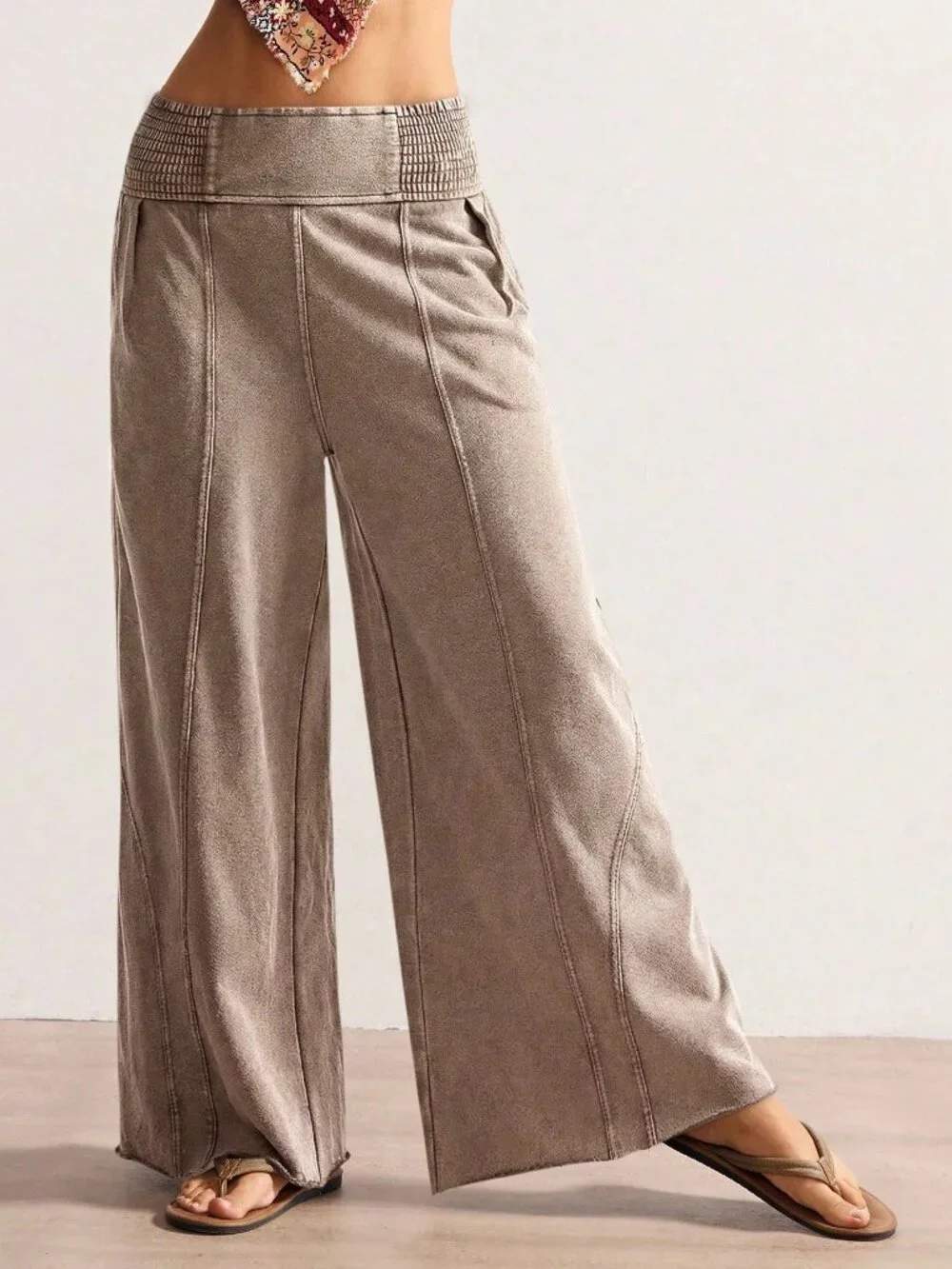 Rust Brown Casual Women's Knit Loose Wide-Leg Washed Pants